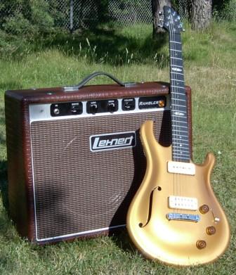 Luxury You can afford! Rambler combo with fake croc finish & a Flaxwood "Liekki" guitar in front
